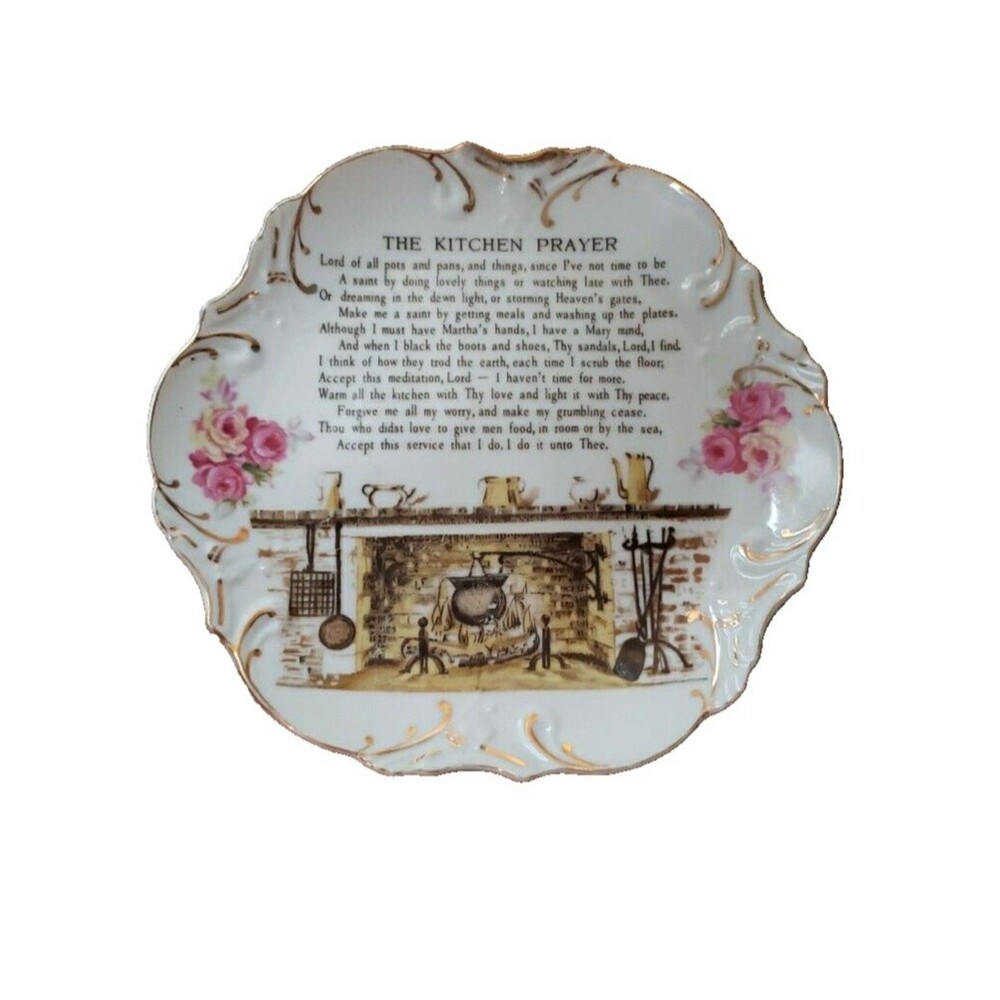 Vintage Kitchen Prayer Decorative Plate Japan Gold Trim Roses Scalloped